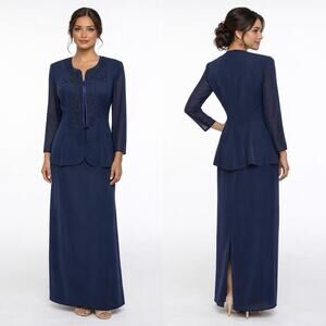 R&M Richards Womens 8 Navy Blue Elegant Beaded Two Piece Long Tank Dress Jacket